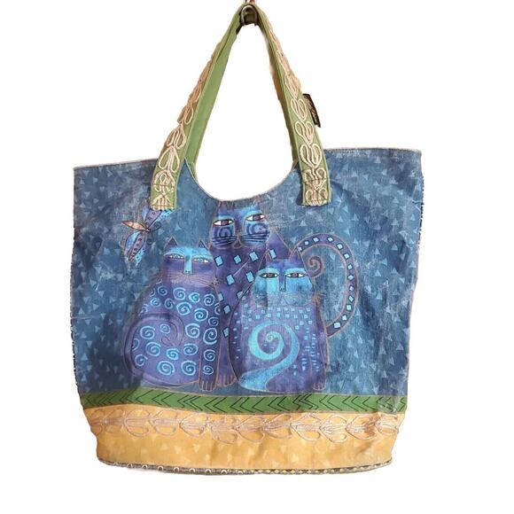 Laurel Burch Medium Csnvas Double Strap Embroidered Cats Graphic Tote Bag - Picture 1 of 13